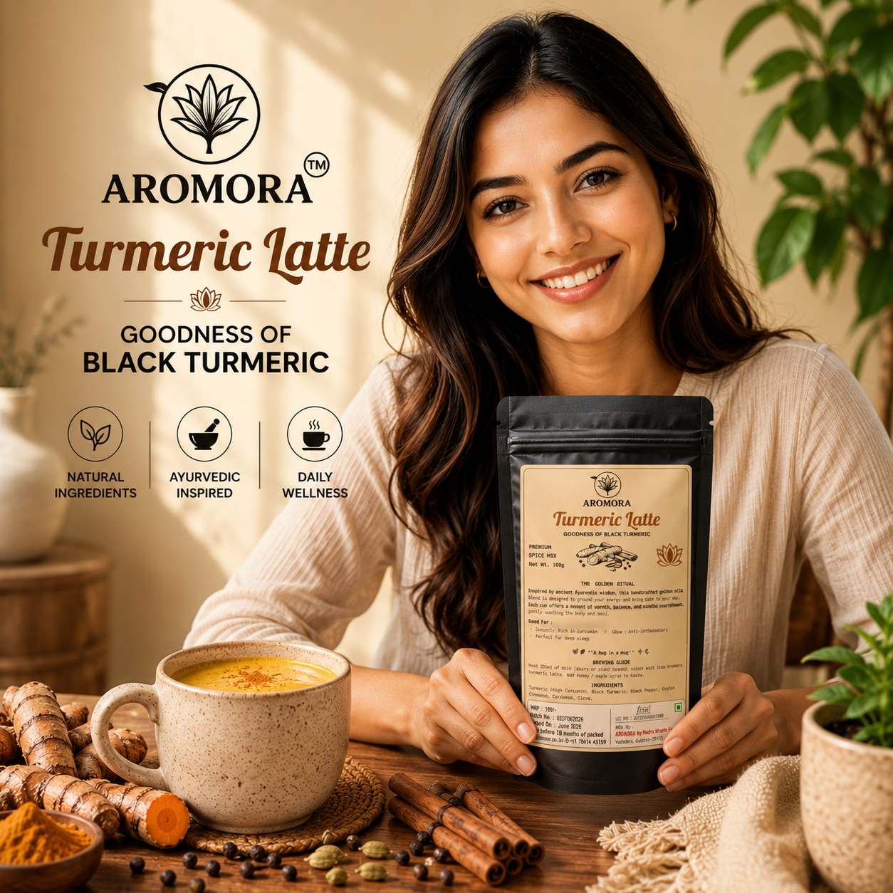 Aromora Turmeric Latte | Black Turmeric Golden Milk Mix | Immunity & Sleep